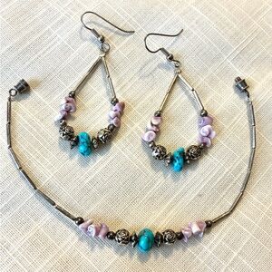 Vintage Turquoise Shell Sterling Silver Beaded Bracelet and Hoop Earring Set